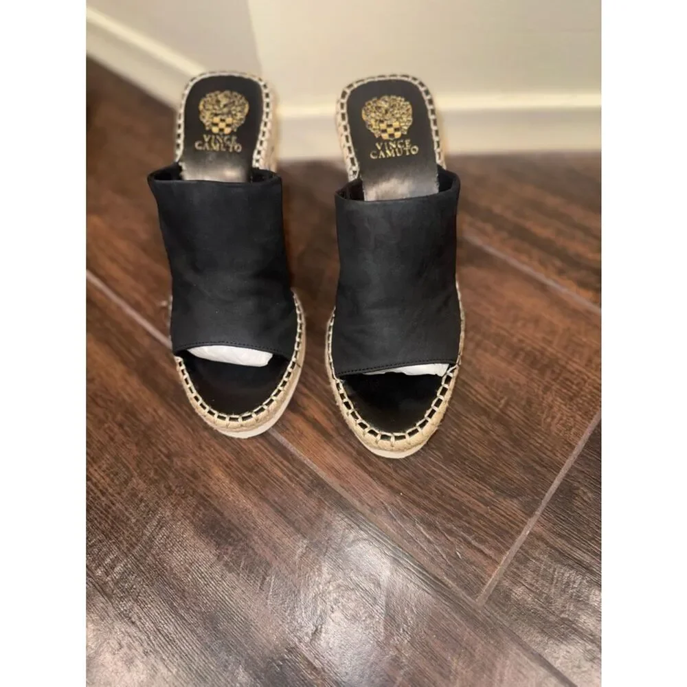 Vince Camuto Brissia Black Leather Espadrille Wedge Mules Sandals Size 9M/40 EUC
